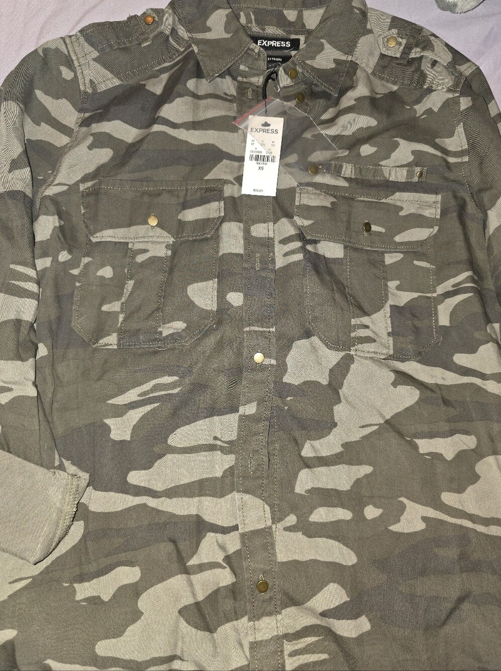 NWT Express Camo Shirt Women XS Boyfriend Utility Button Down shirt
